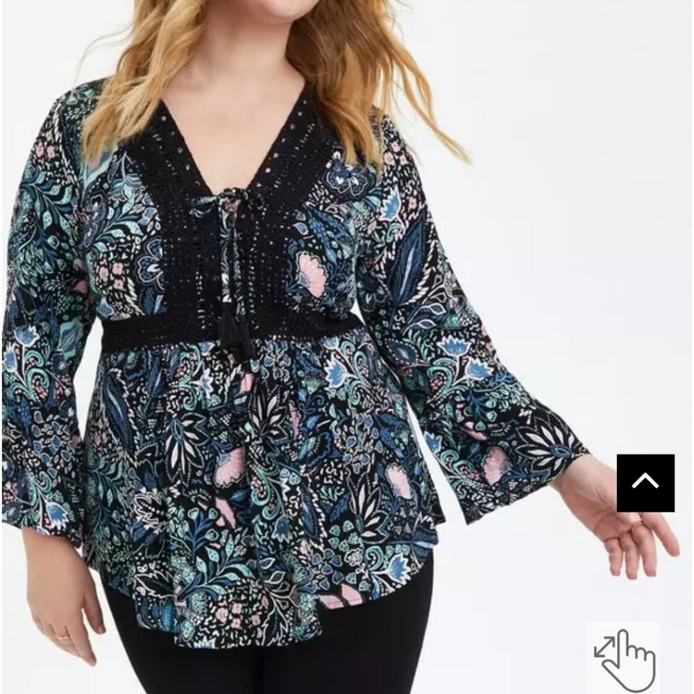 Torrid Size 4 (26W) Black Floral Gauze Crochet Trim Lace-up Babydoll Top NWT